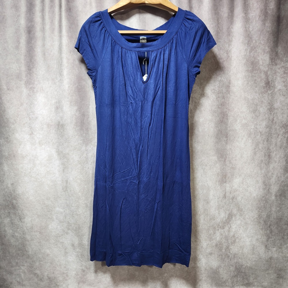 Three Dots Blue Keyhole Scoop Neck Jersey Knit Short Sleeve Dress Large NEW